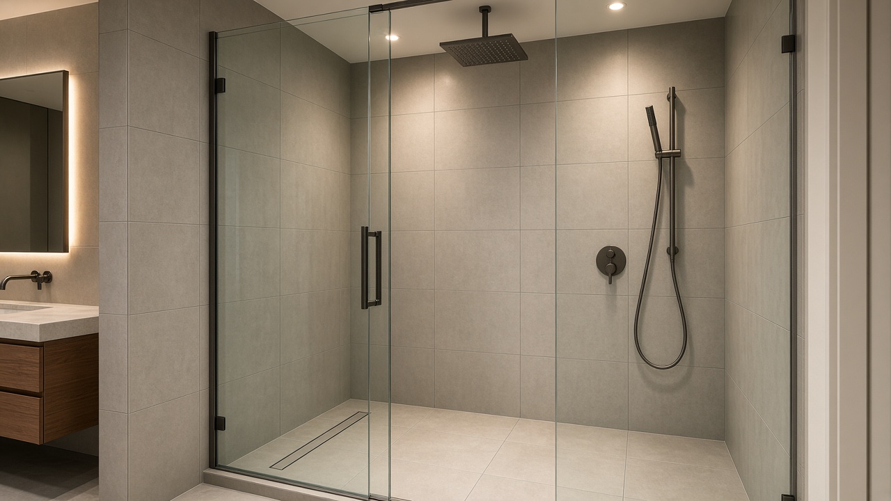 Custom tiled walk-in shower with stone-look wall and floor tile