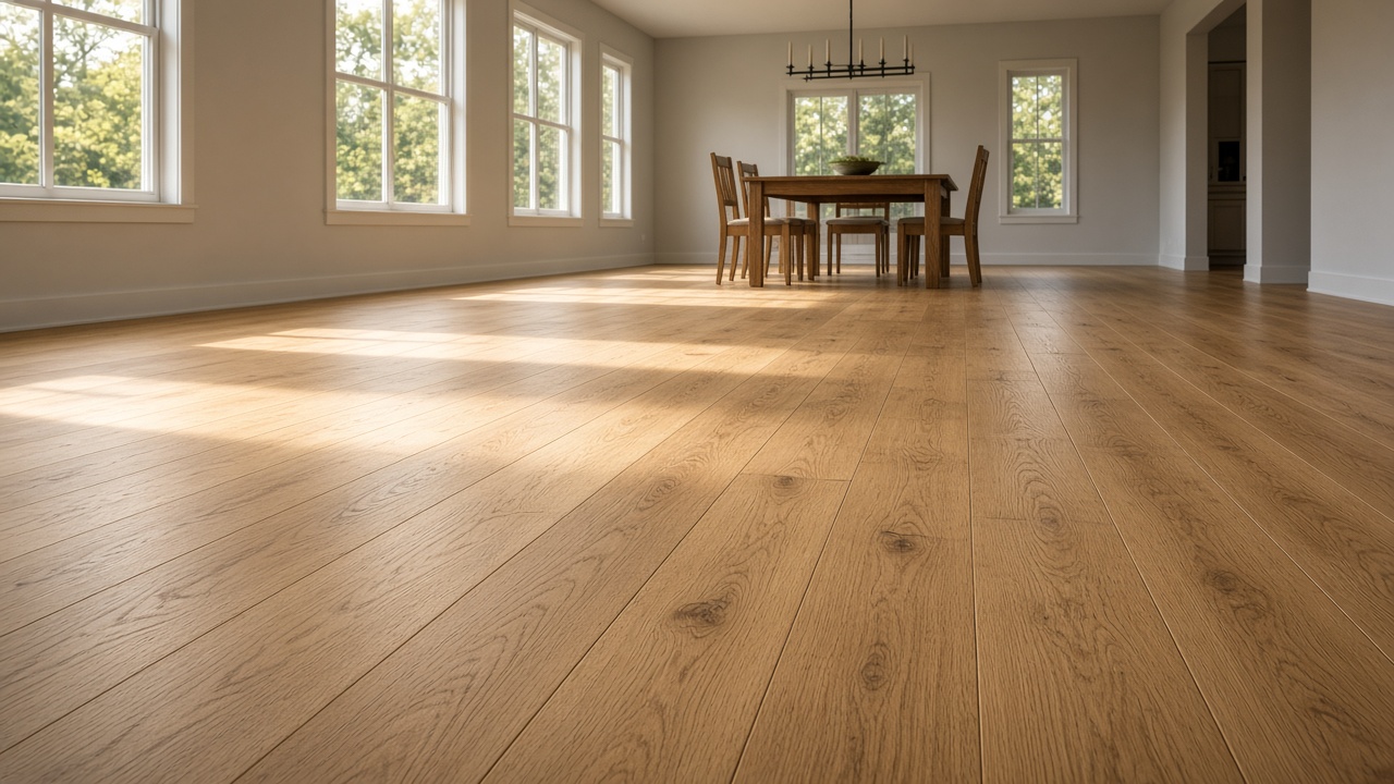 Wide-plank oak hardwood flooring in a bright residential room
